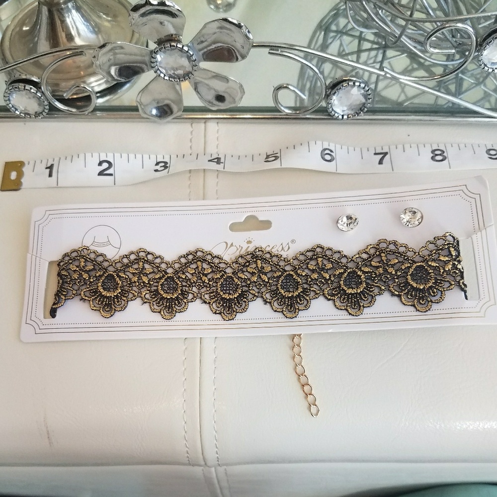 Gold and Black Embroidered choker w/ chain clamp